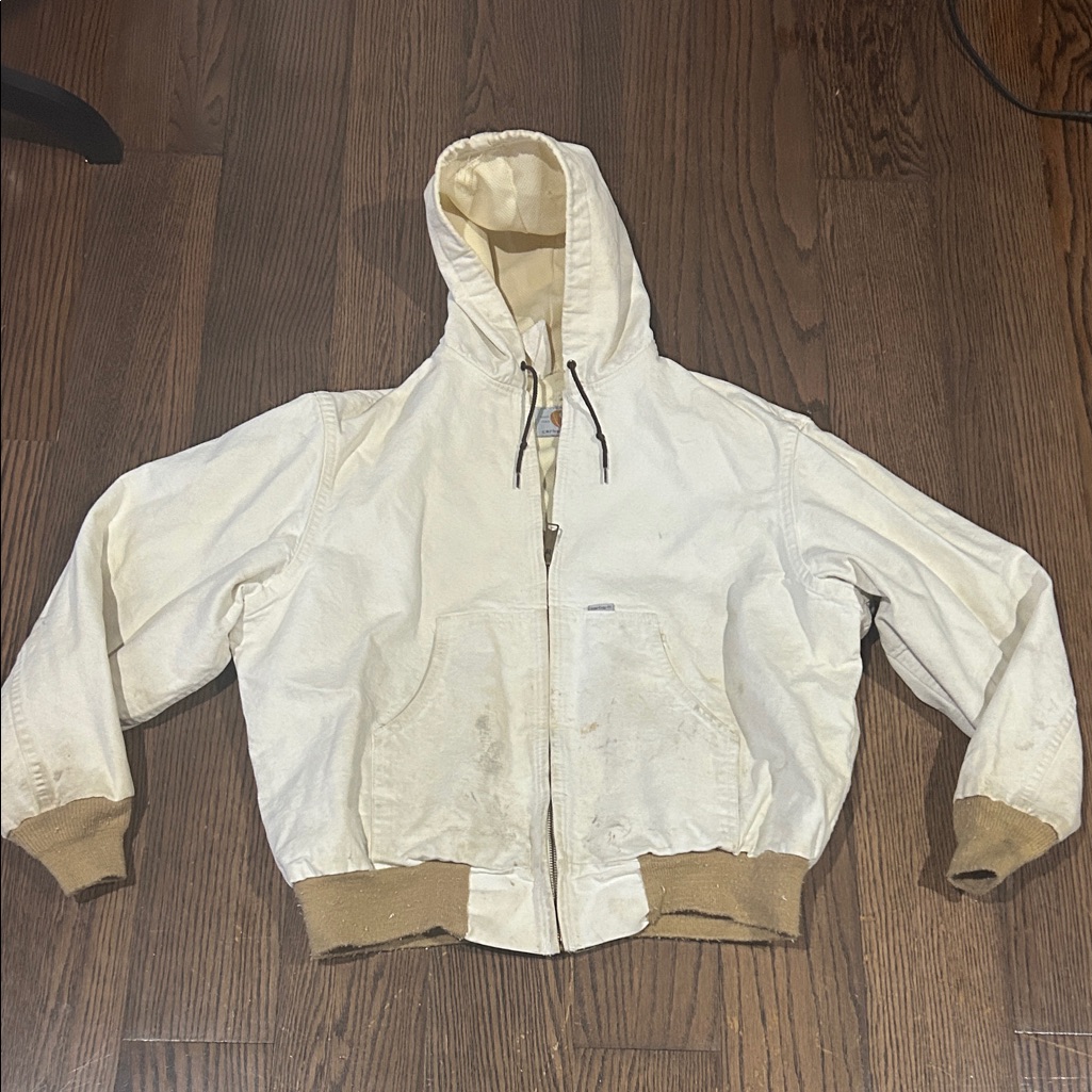 Vtg Carhardt 100th Anniversary Hooded Work Wear White Cream Jacket Sz Xl